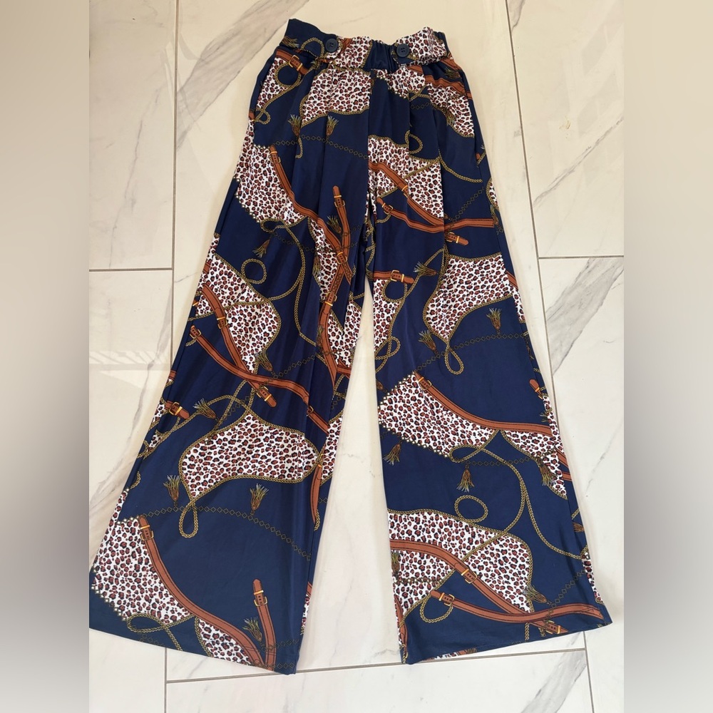 Robert Louis Navy Wide-Leg Printed Jumpsuit Pants with Brown & White Motif - Picture 2 of 8